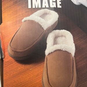 Sharper Image men's memory foam moccasin slippers in brown.